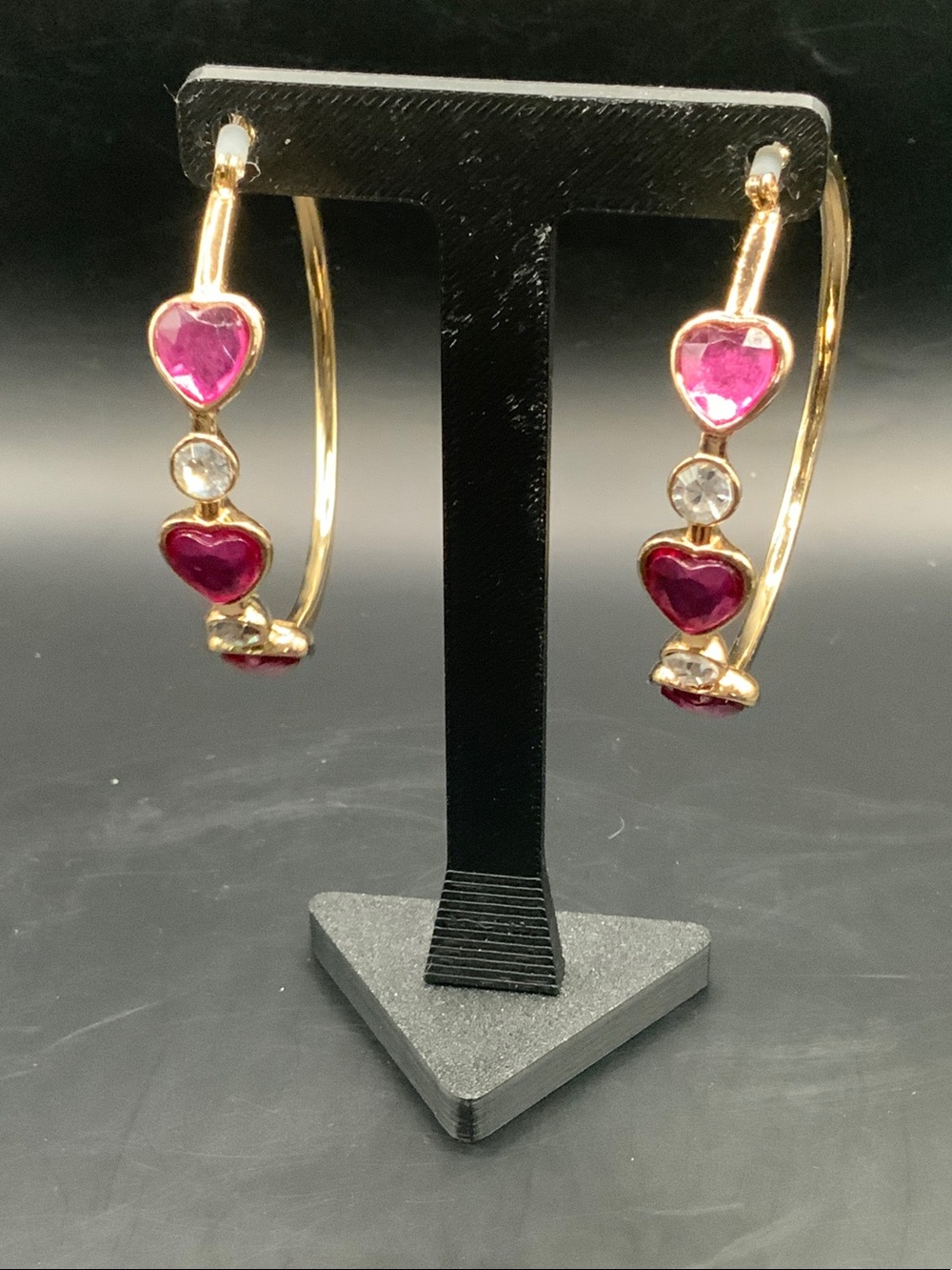 Gold Hoop Earrings with Pink Heart Gemstones